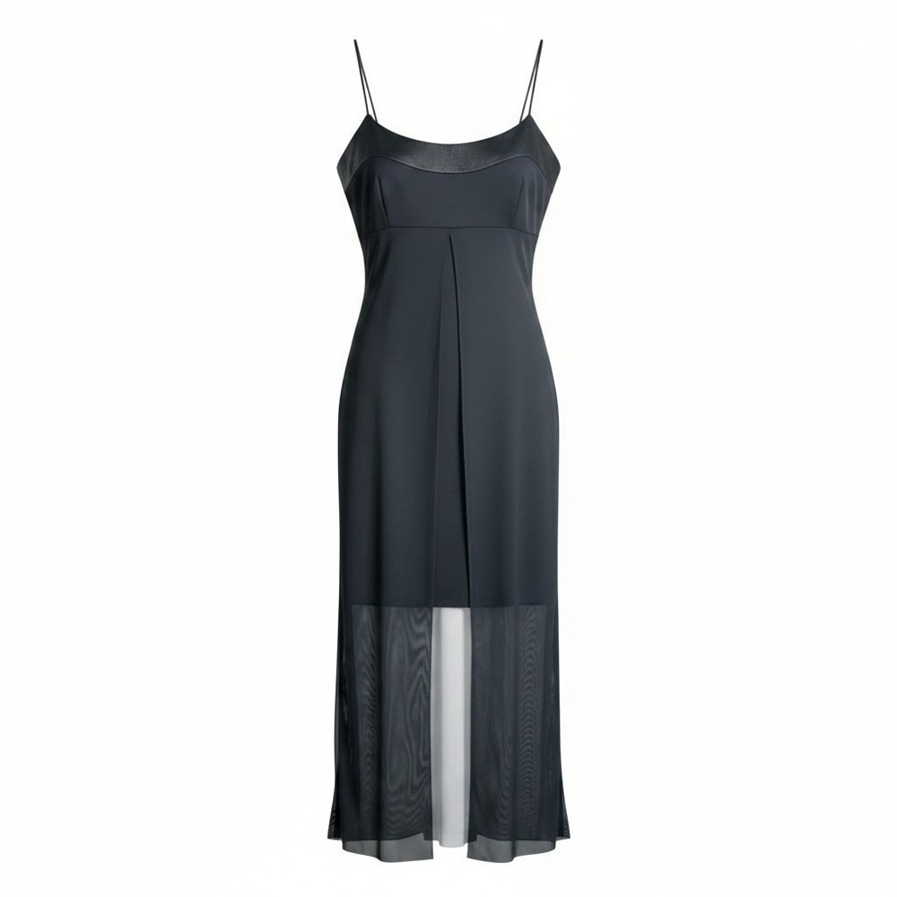 Savvy Black Sheer Mesh Hem Maxi Dress Womens Medium  Made in USA Slip Style